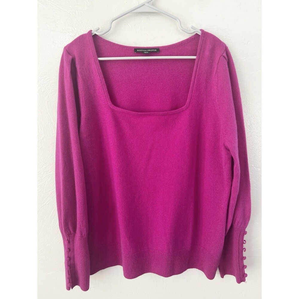 Boston Proper 100% Cashmere Sweater Boxy Fuchsia Square Neck Balloon Sleeve XL